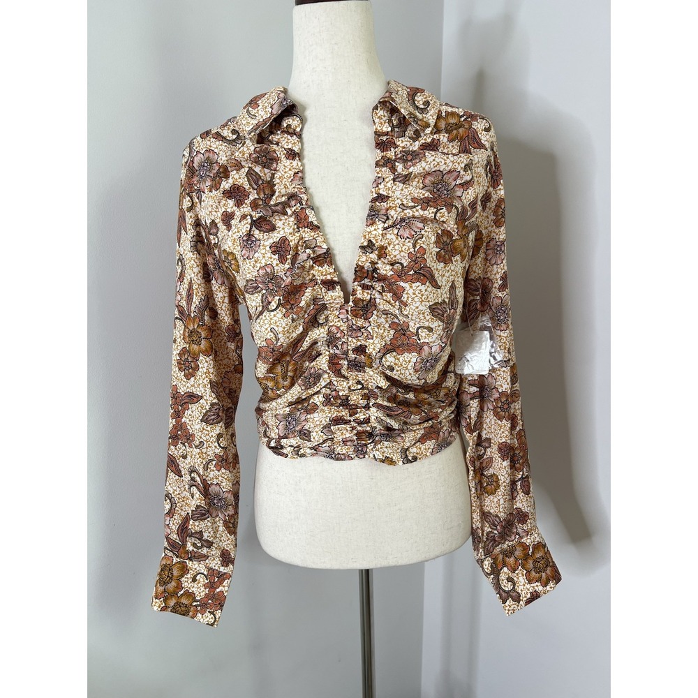 Free People Top Womens Small Floral Collared Ruched Crop Blouse Boho Fairy